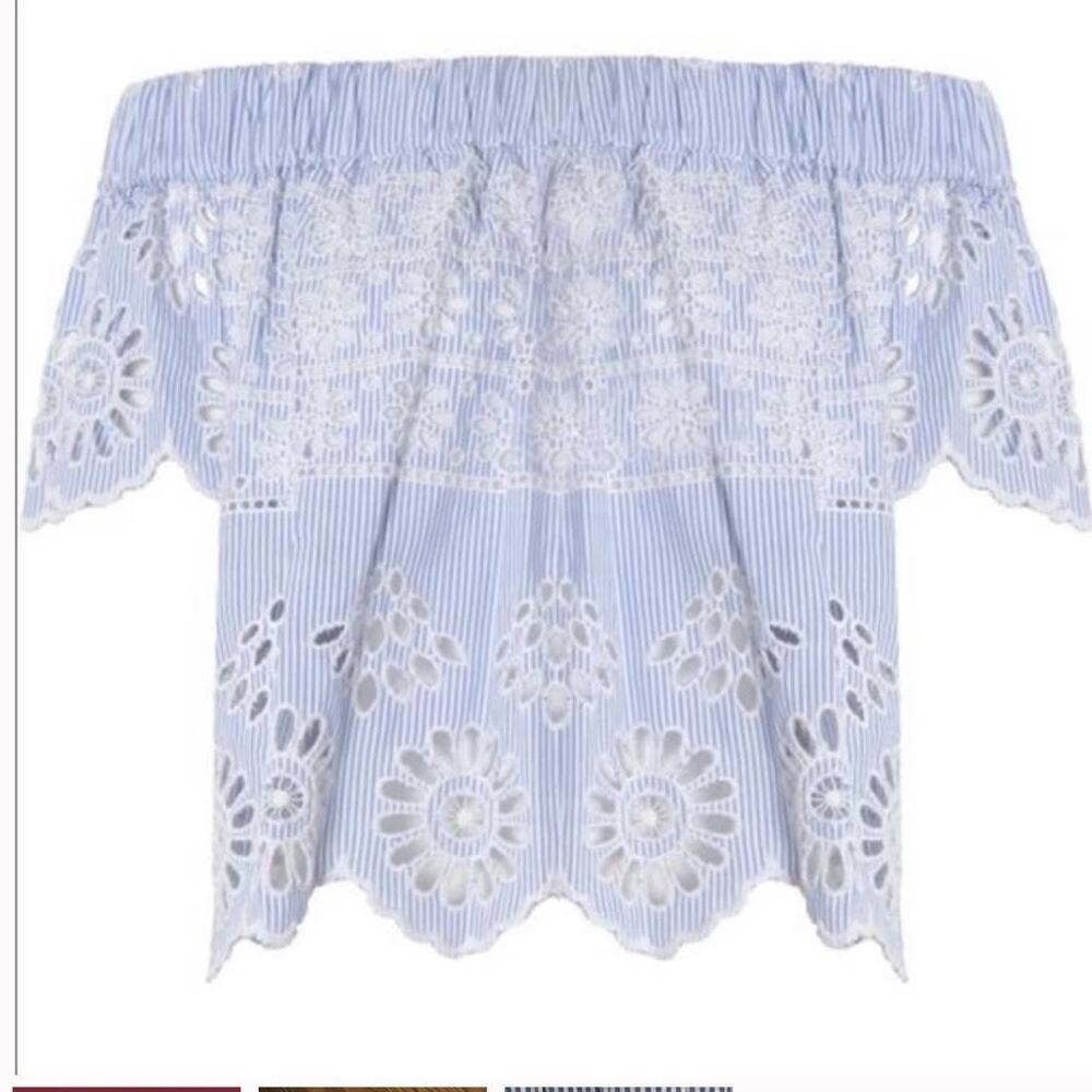 SEA New York Off-the-Shoulder Blue White Stripe Eyelet Top Size 0 - Picture 3 of 9